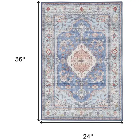 Ivory Red and Blue Oriental Distressed Non Skid Area Rug Photo 3