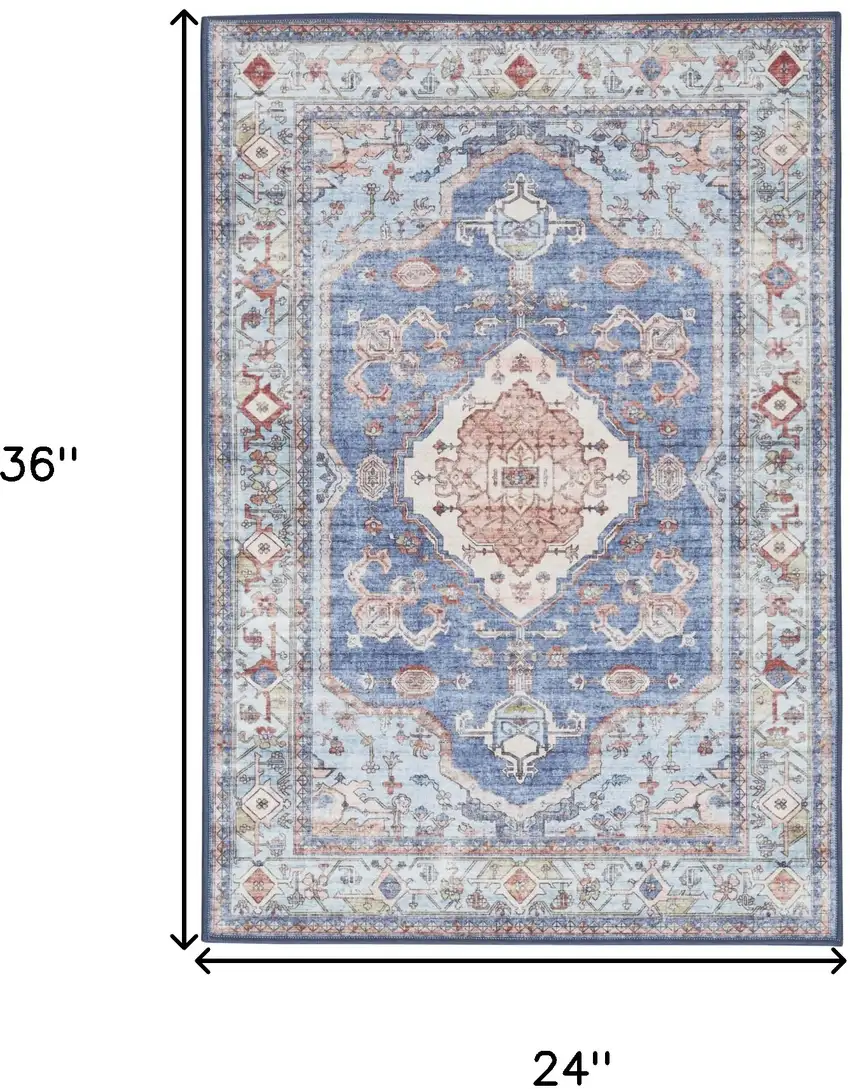 Ivory Red and Blue Oriental Distressed Non Skid Area Rug Photo 3