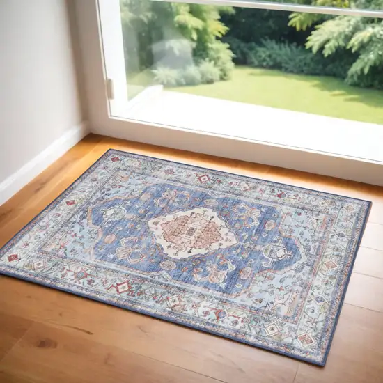 Ivory Red and Blue Oriental Distressed Non Skid Area Rug Photo 1