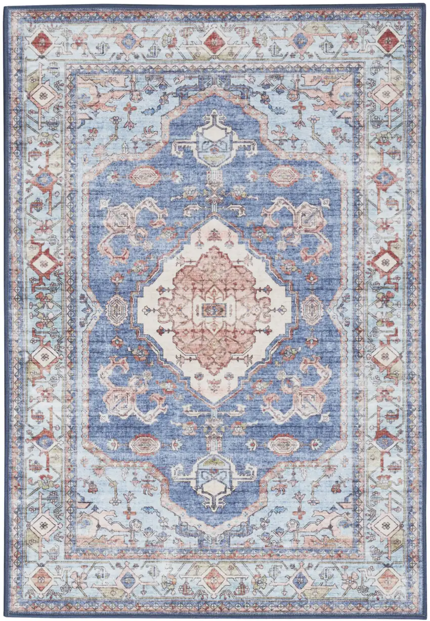 Ivory Red and Blue Oriental Distressed Non Skid Area Rug Photo 2