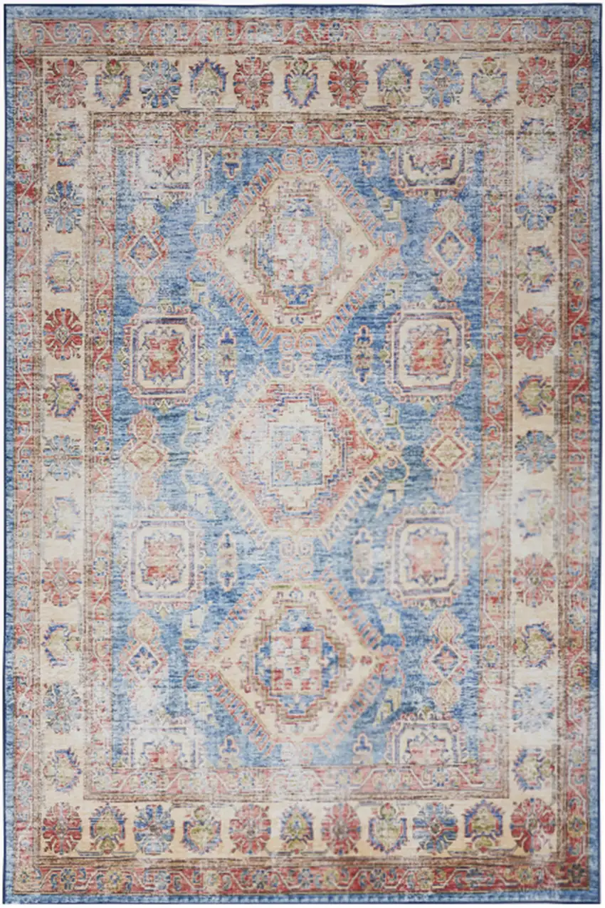 Ivory Red and Blue Oriental Distressed Non Skid Area Rug Photo 2