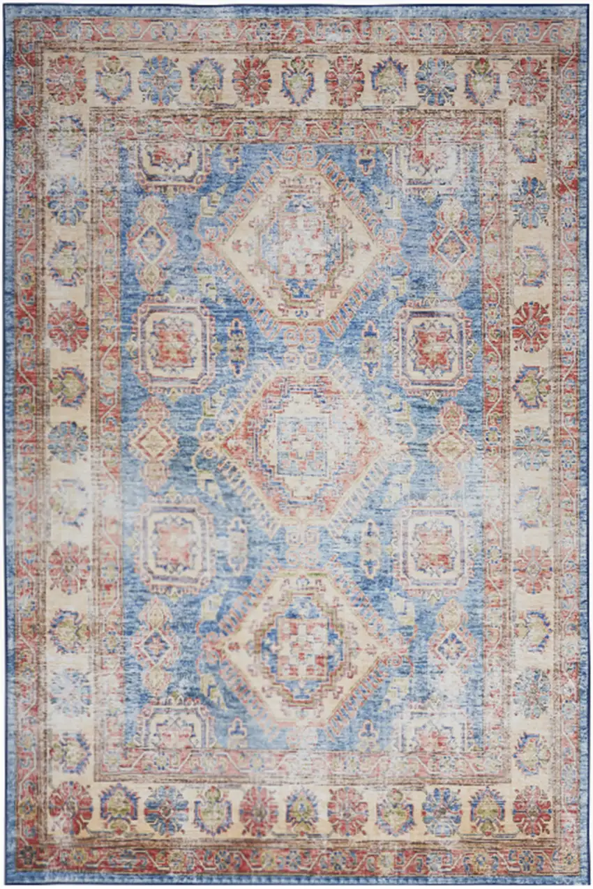 Ivory Red and Blue Oriental Distressed Non Skid Area Rug Photo 7