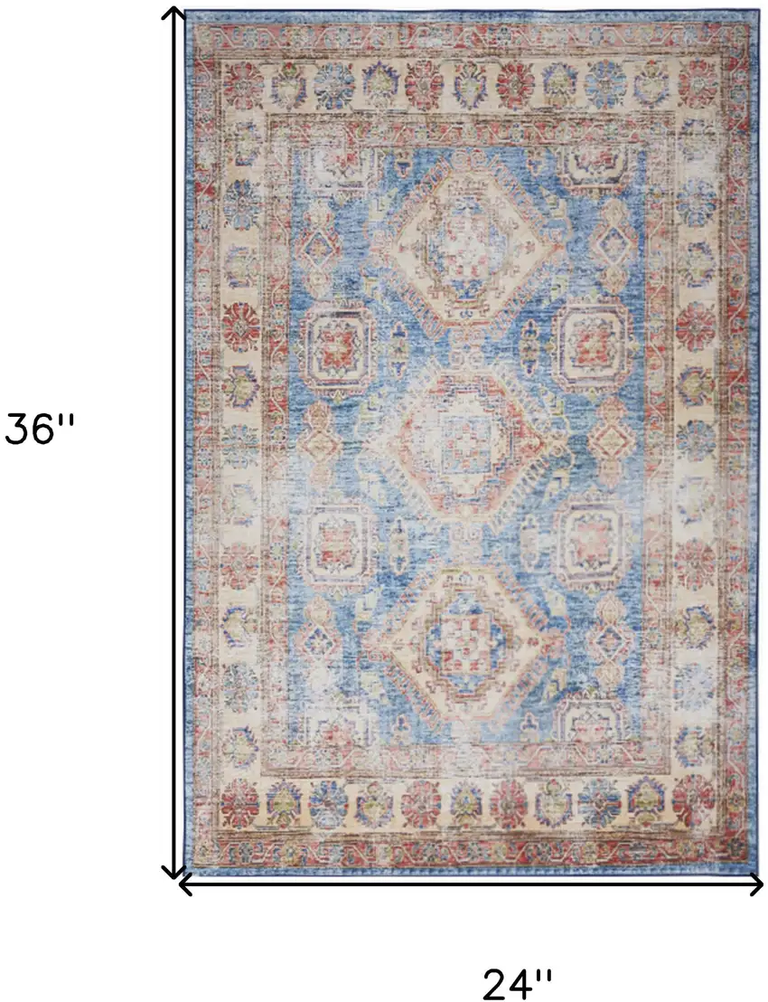 Ivory Red and Blue Oriental Distressed Non Skid Area Rug Photo 3