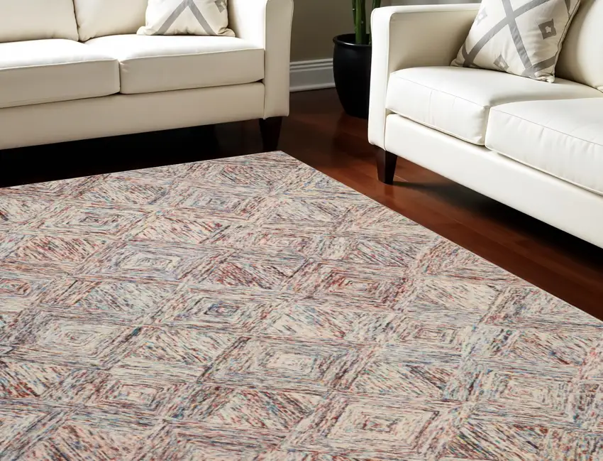 Ivory Red and Blue Wool Geometric Area Rug Photo 1