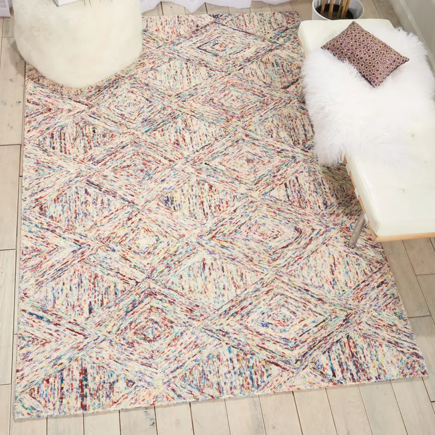 Ivory Red and Blue Wool Geometric Area Rug Photo 4