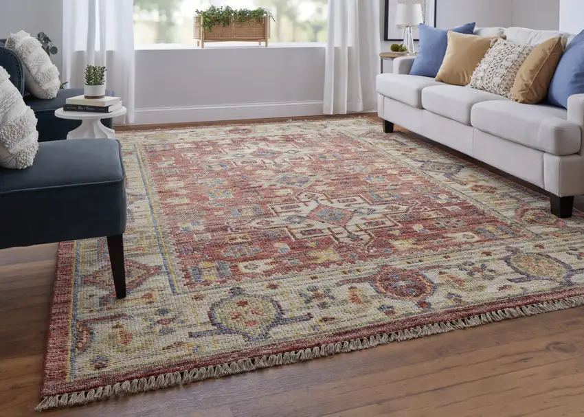 Ivory Red and Gold Wool Oriental Hand Knotted Area Rug With Fringe Photo 9