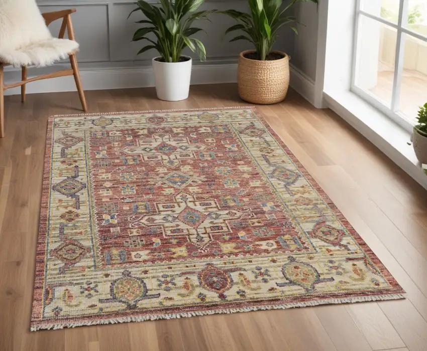 Ivory Red and Gold Wool Oriental Hand Knotted Area Rug With Fringe Photo 1