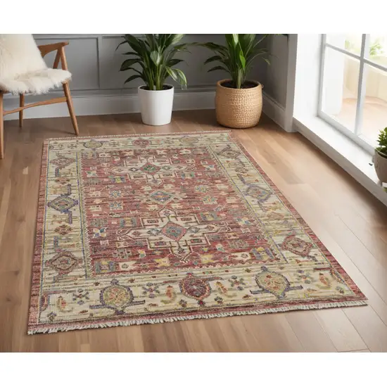 Ivory Red and Gold Wool Oriental Hand Knotted Area Rug With Fringe Photo 1
