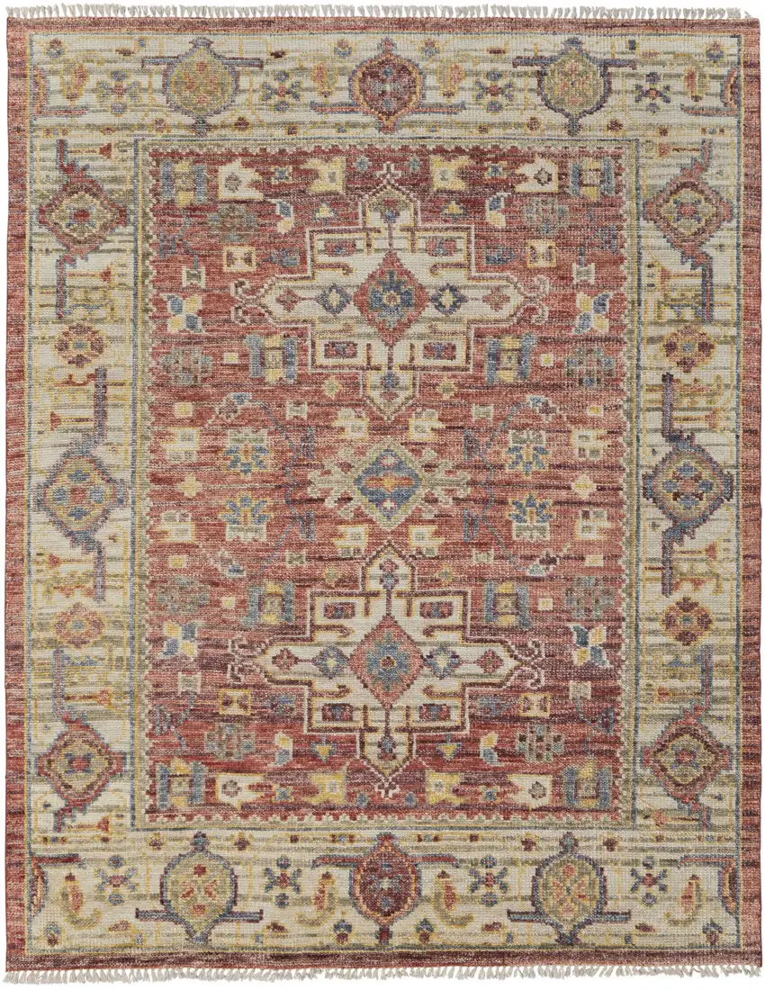 Ivory Red and Gold Wool Oriental Hand Knotted Area Rug With Fringe Photo 5