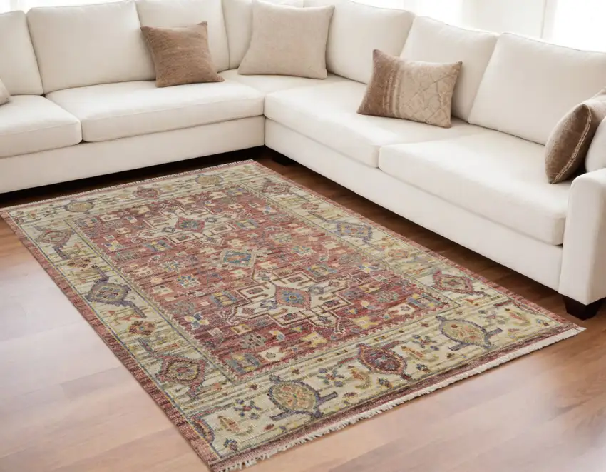 Ivory Red and Gold Wool Oriental Hand Knotted Area Rug With Fringe Photo 1