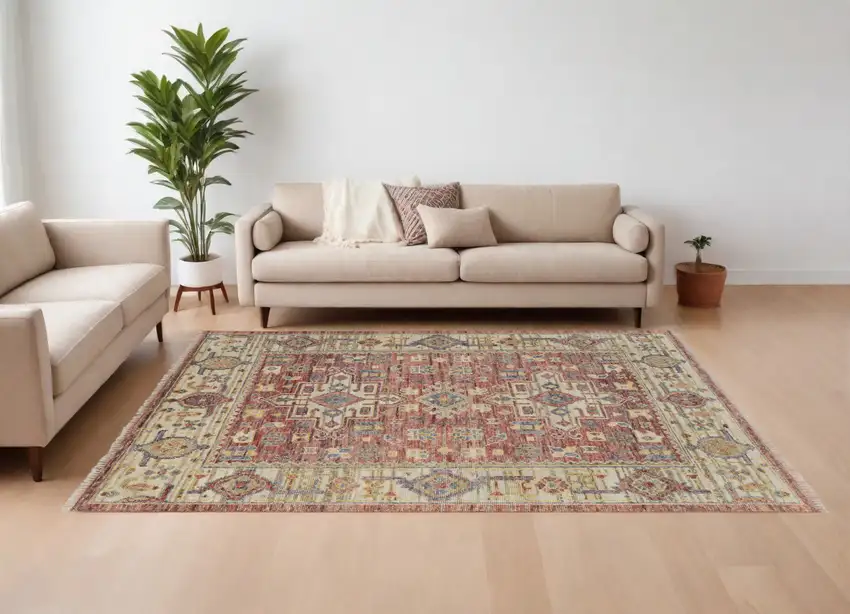Ivory Red and Gold Wool Oriental Hand Knotted Area Rug With Fringe Photo 1