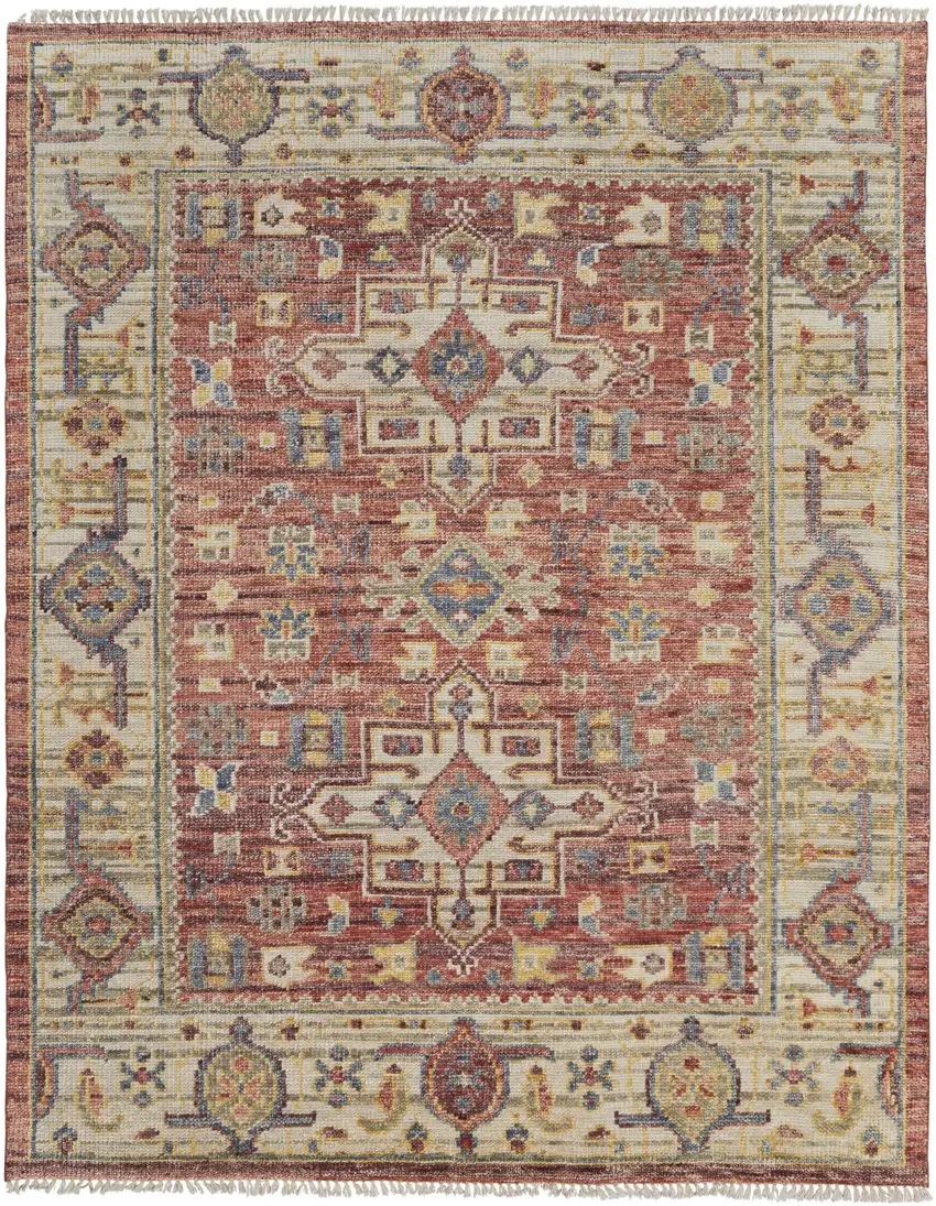 Ivory Red and Gold Wool Oriental Hand Knotted Area Rug With Fringe Photo 2