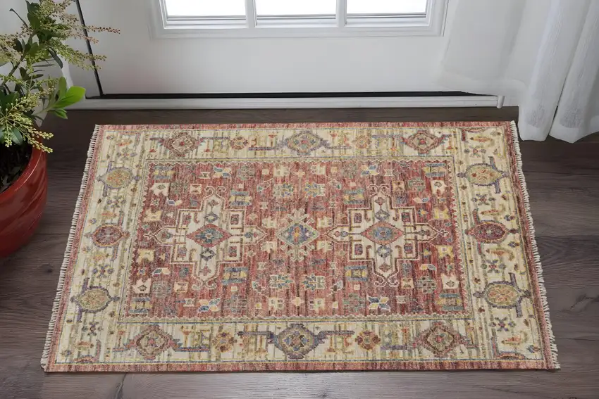 Ivory Red and Gold Wool Oriental Hand Knotted Area Rug With Fringe Photo 1