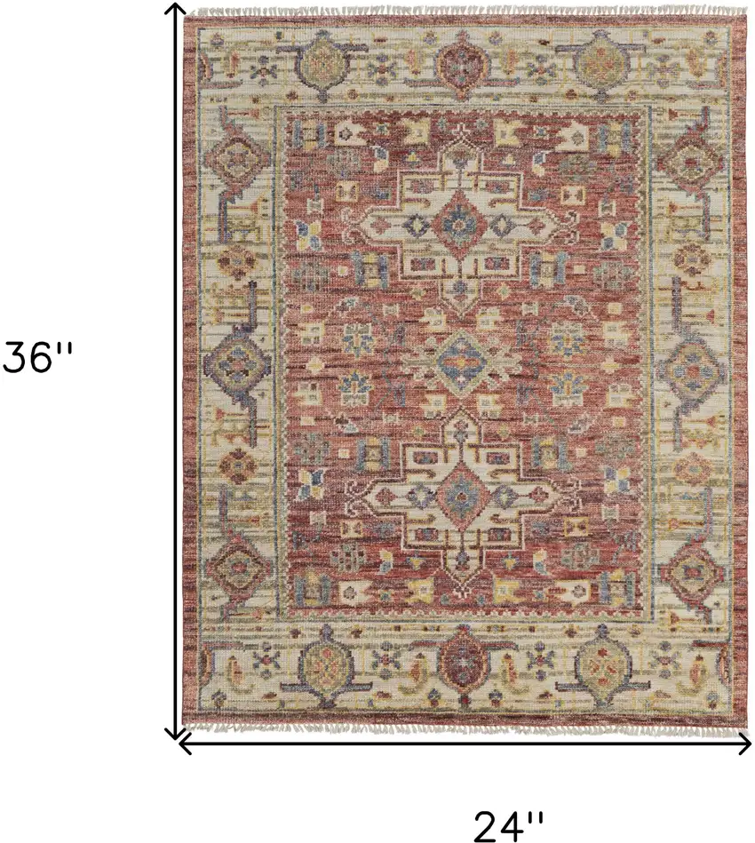 Ivory Red and Gold Wool Oriental Hand Knotted Area Rug With Fringe Photo 3