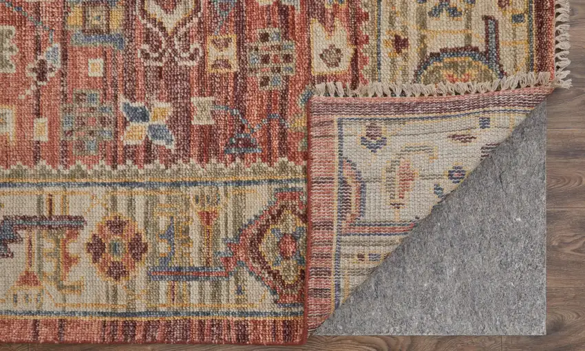 Ivory Red and Gold Wool Oriental Hand Knotted Area Rug With Fringe Photo 9