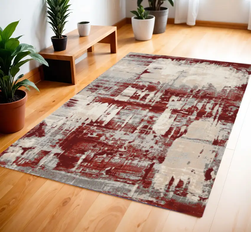 Ivory Red and Gray Abstract Area Rug Photo 1