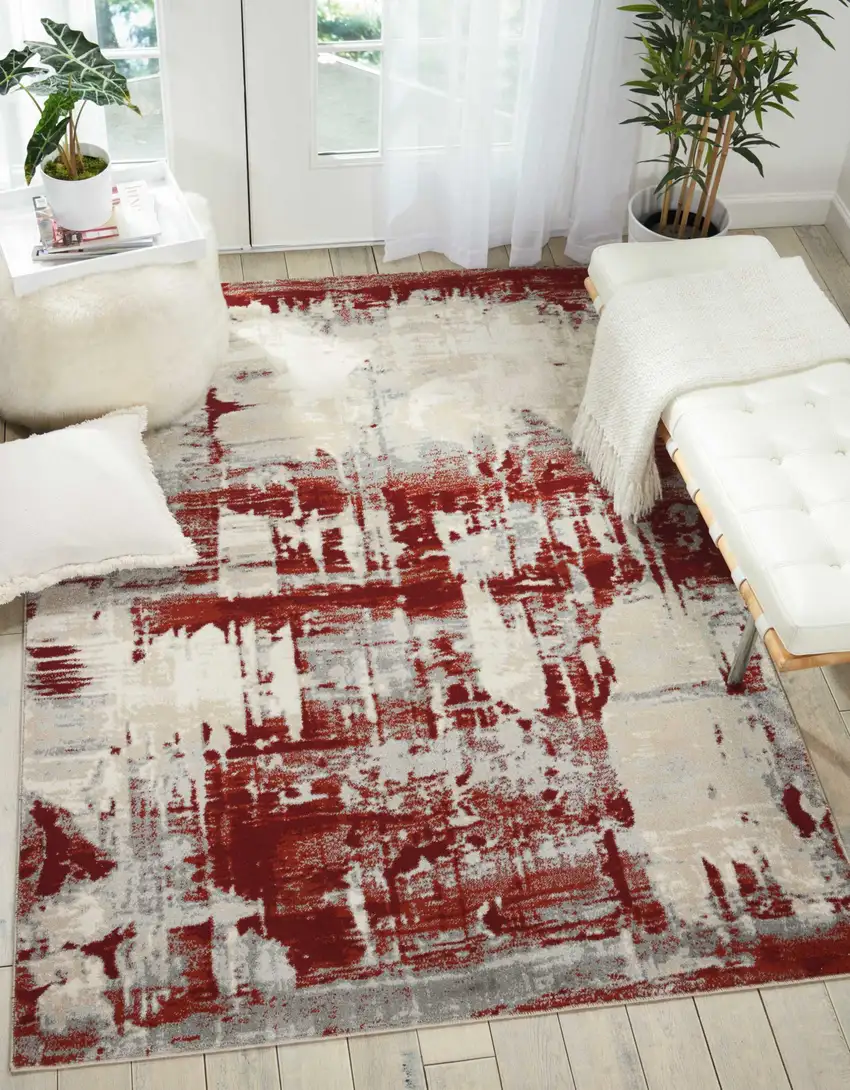 Ivory Red and Gray Abstract Area Rug Photo 5