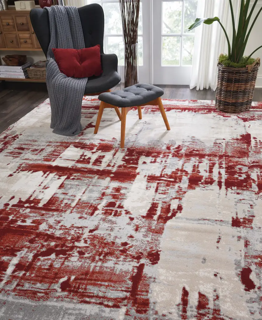 Ivory Red and Gray Abstract Non Skid Area Rug Photo 7