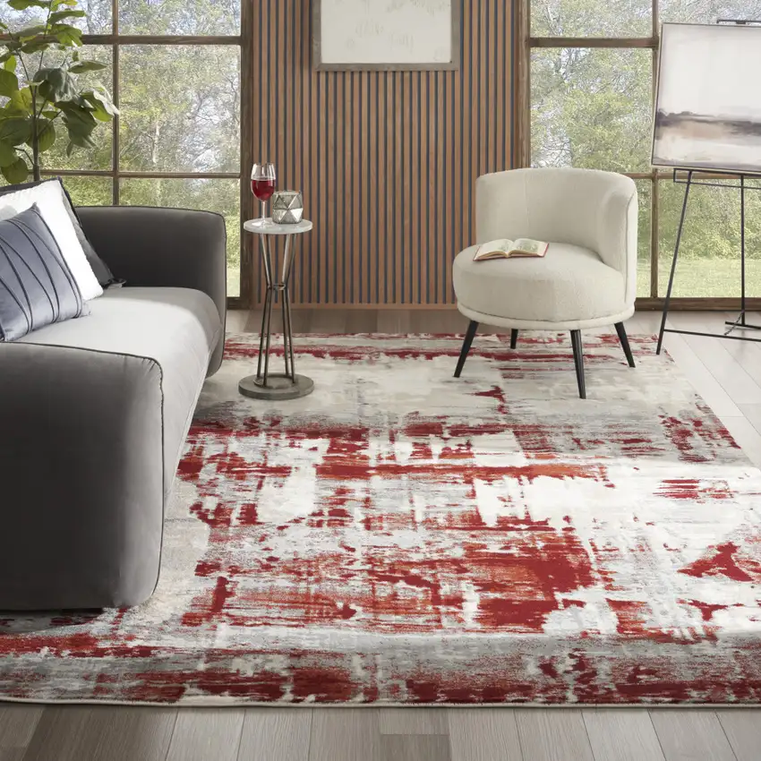 Ivory Red and Gray Abstract Non Skid Area Rug Photo 5