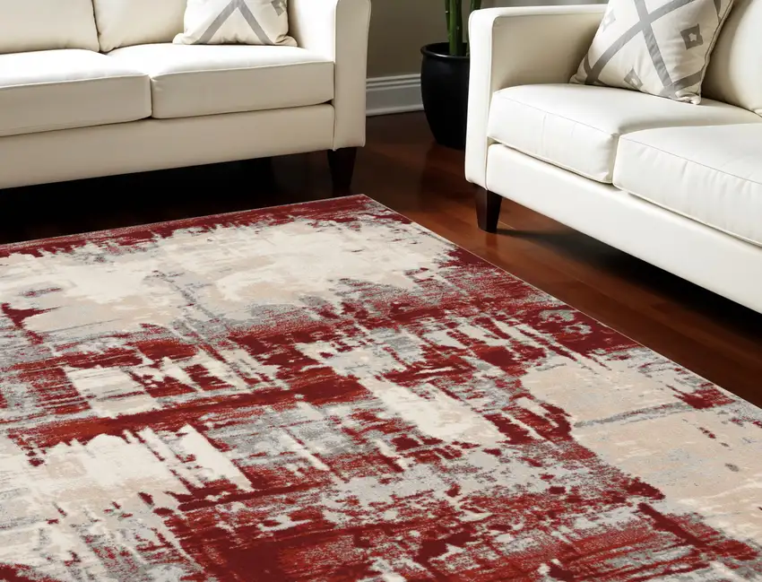 Ivory Red and Gray Abstract Non Skid Area Rug Photo 1