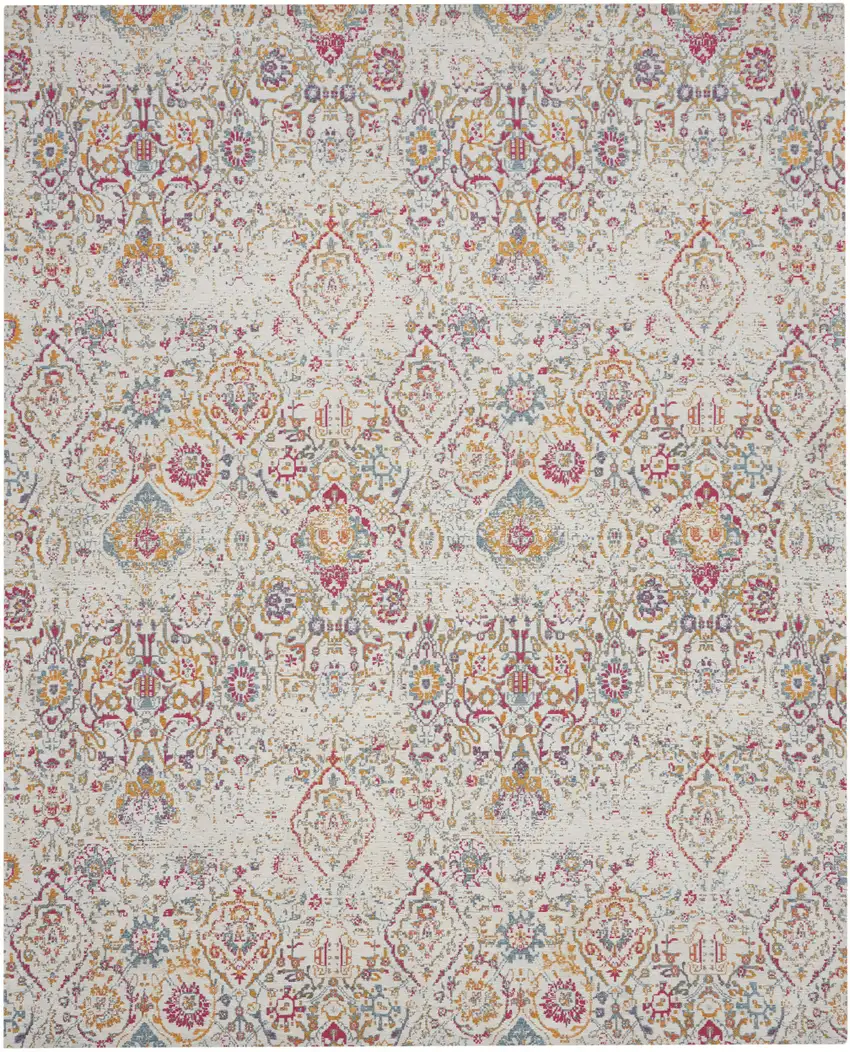 Ivory Red and Light Blue Damask Distressed Area Rug Photo 2