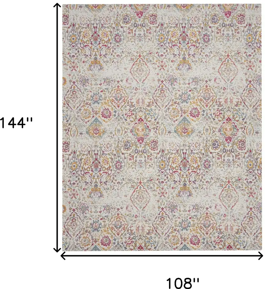 Ivory Red and Light Blue Damask Distressed Area Rug Photo 3