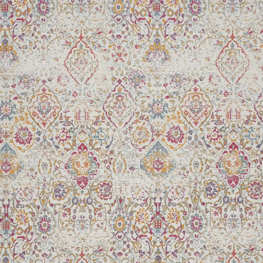 Ivory Red and Light Blue Damask Distressed Area Rug Photo 7