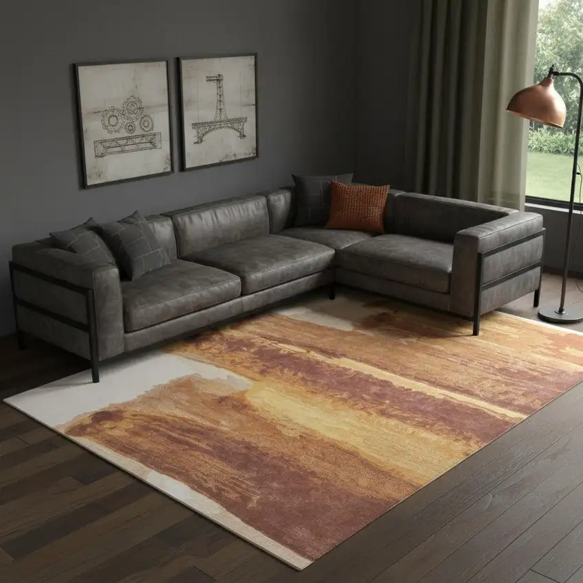 Ivory Red and Orange Abstract Hand Tufted Area Rug Photo 1