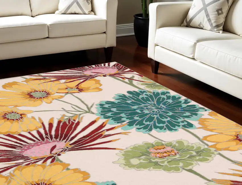 Ivory Red and Orange Floral Hand Carved Handmade Area Rug Photo 1