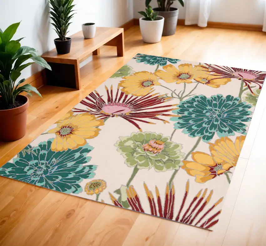 Ivory Red and Orange Floral Hand Carved Handmade Area Rug Photo 1