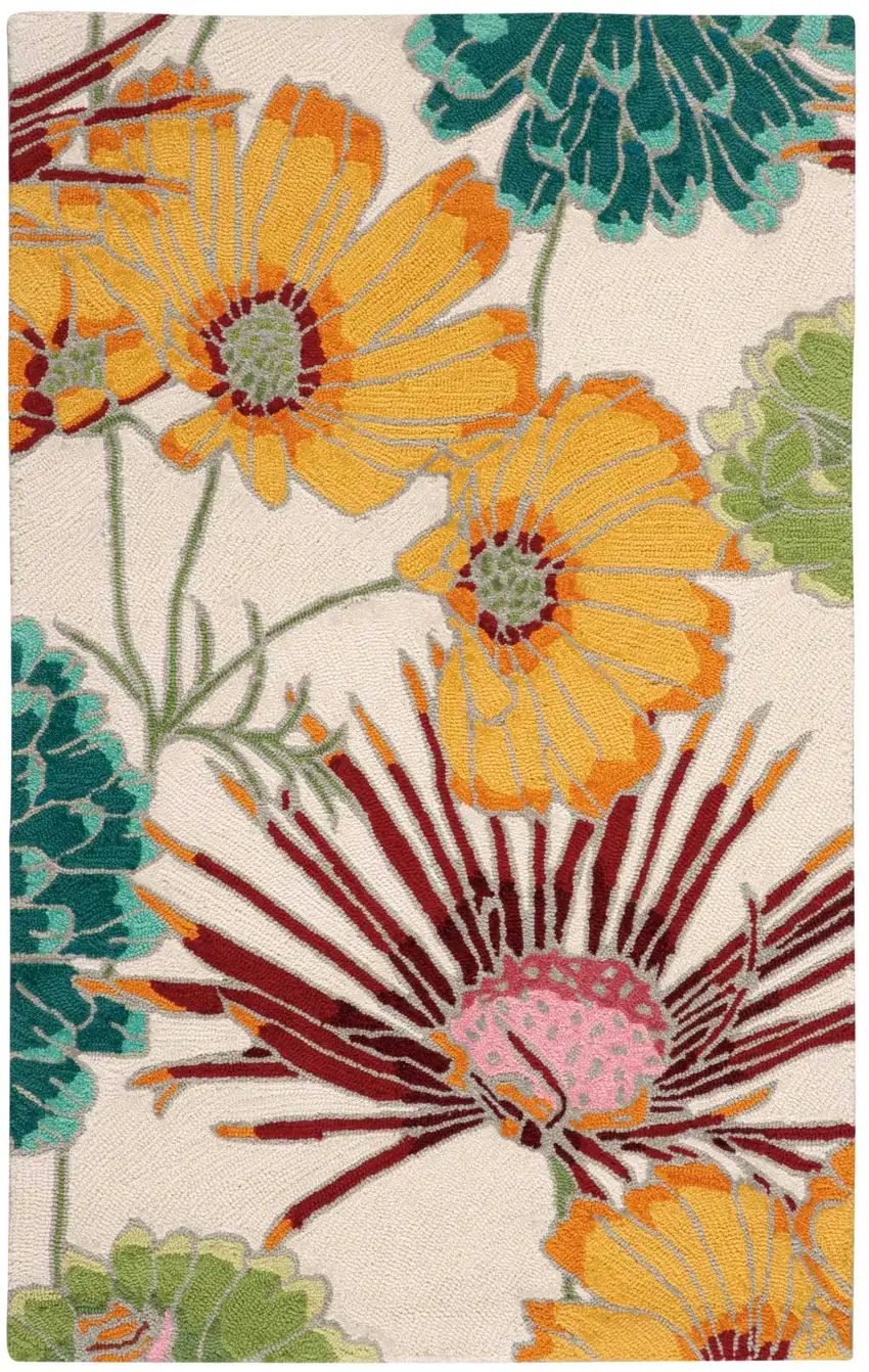 Ivory Red and Orange Floral Hand Carved Handmade Area Rug Photo 7