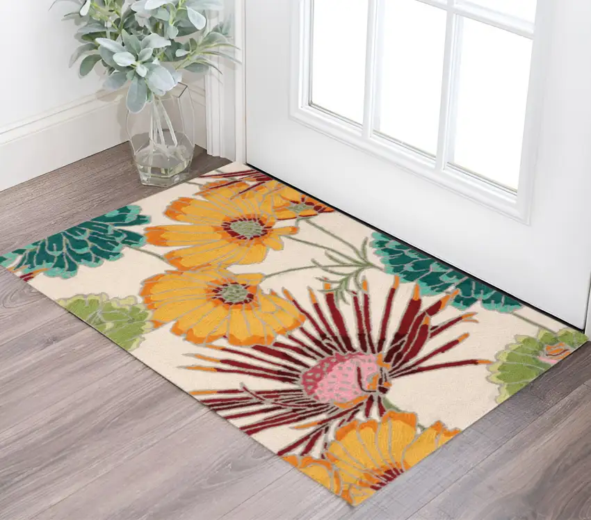 Ivory Red and Orange Floral Hand Carved Handmade Area Rug Photo 1