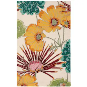 Photo of Ivory Red and Orange Floral Hand Carved Handmade Area Rug