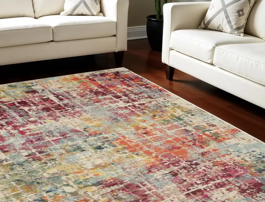 Ivory Red and Pink Abstract Distressed Non Skid Area Rug Photo 1