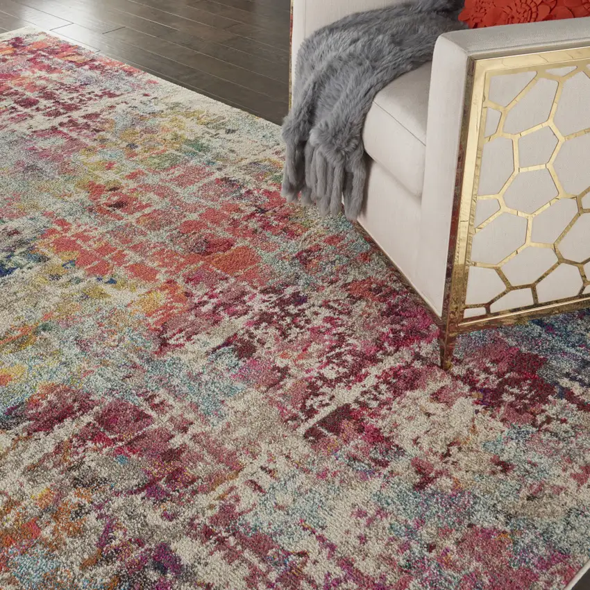 Ivory Red and Pink Abstract Distressed Non Skid Area Rug Photo 6