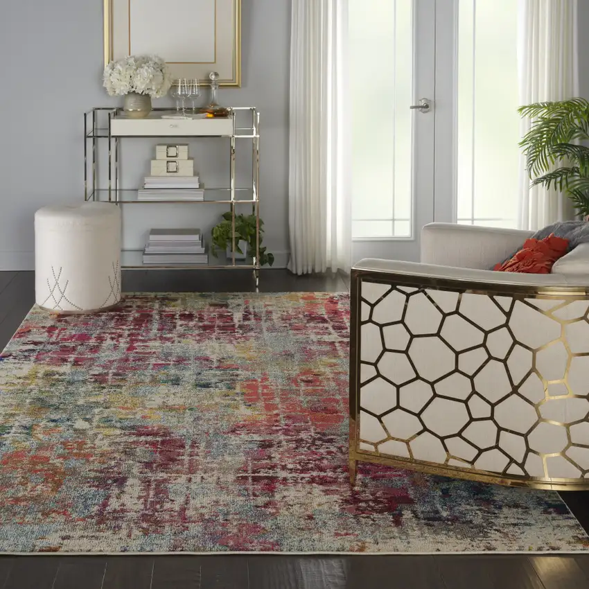 Ivory Red and Pink Abstract Distressed Non Skid Area Rug Photo 5