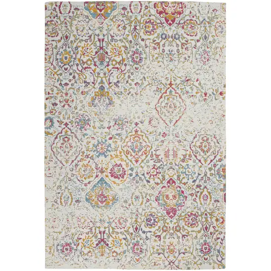 Ivory Red and Yellow Damask Distressed Area Rug Photo 2