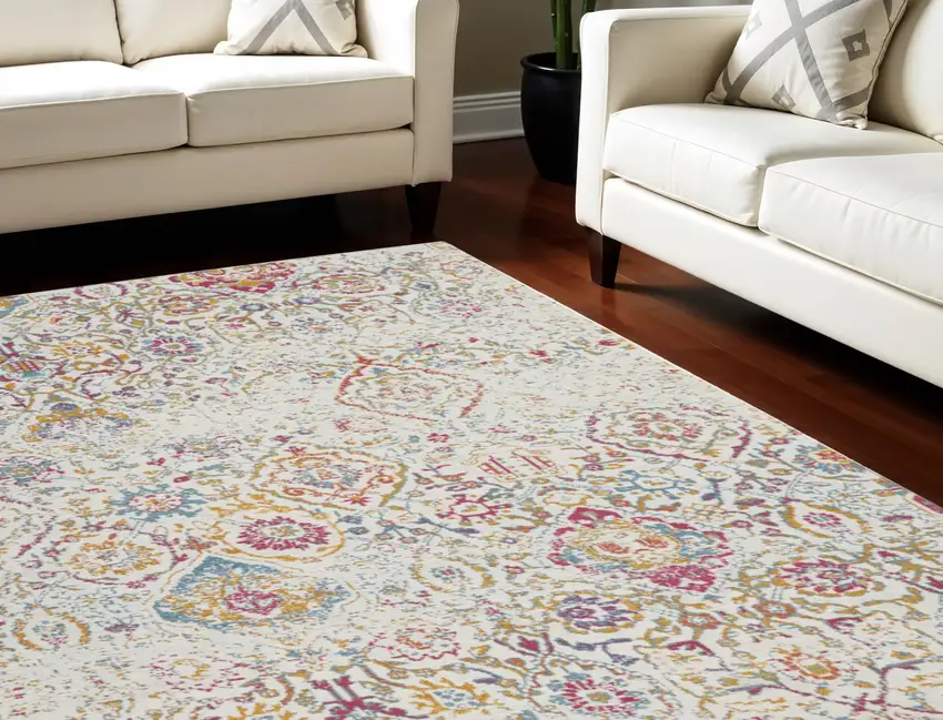 Ivory Red and Yellow Damask Distressed Area Rug Photo 1