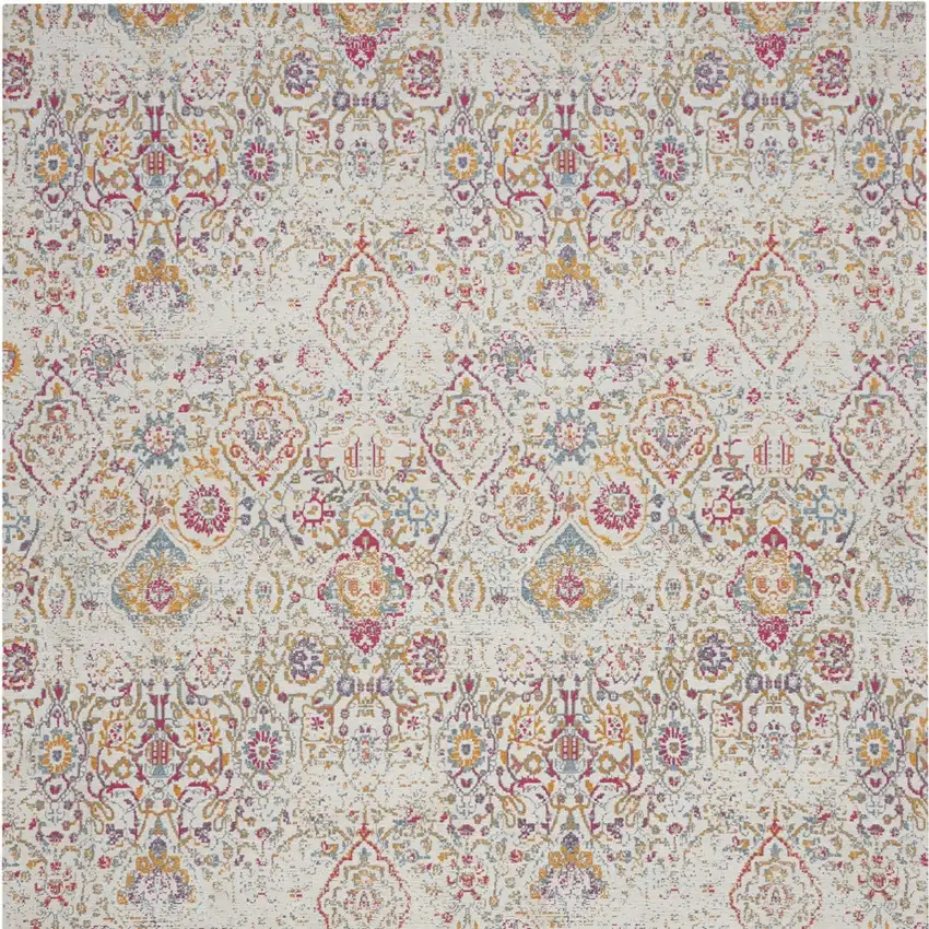 Ivory Red and Yellow Damask Distressed Area Rug Photo 8