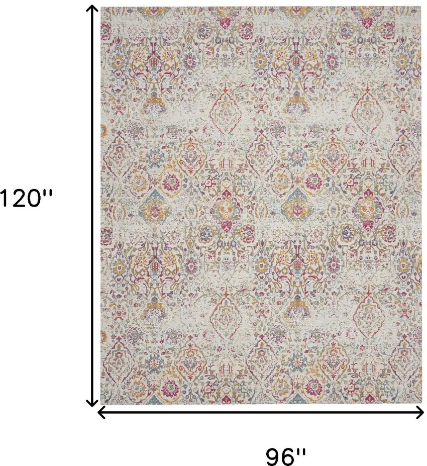 Ivory Red and Yellow Damask Distressed Area Rug Photo 3