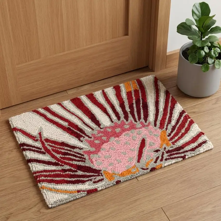 Ivory Red and Yellow Floral Hand Carved Handmade Area Rug Photo 1