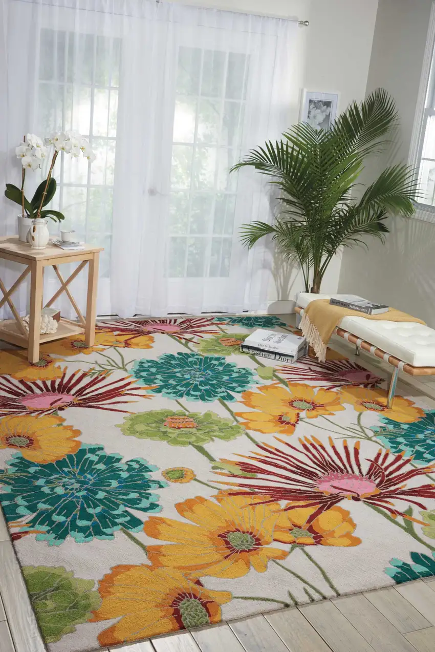 Ivory Red and Yellow Floral Hand Carved Handmade Area Rug Photo 8