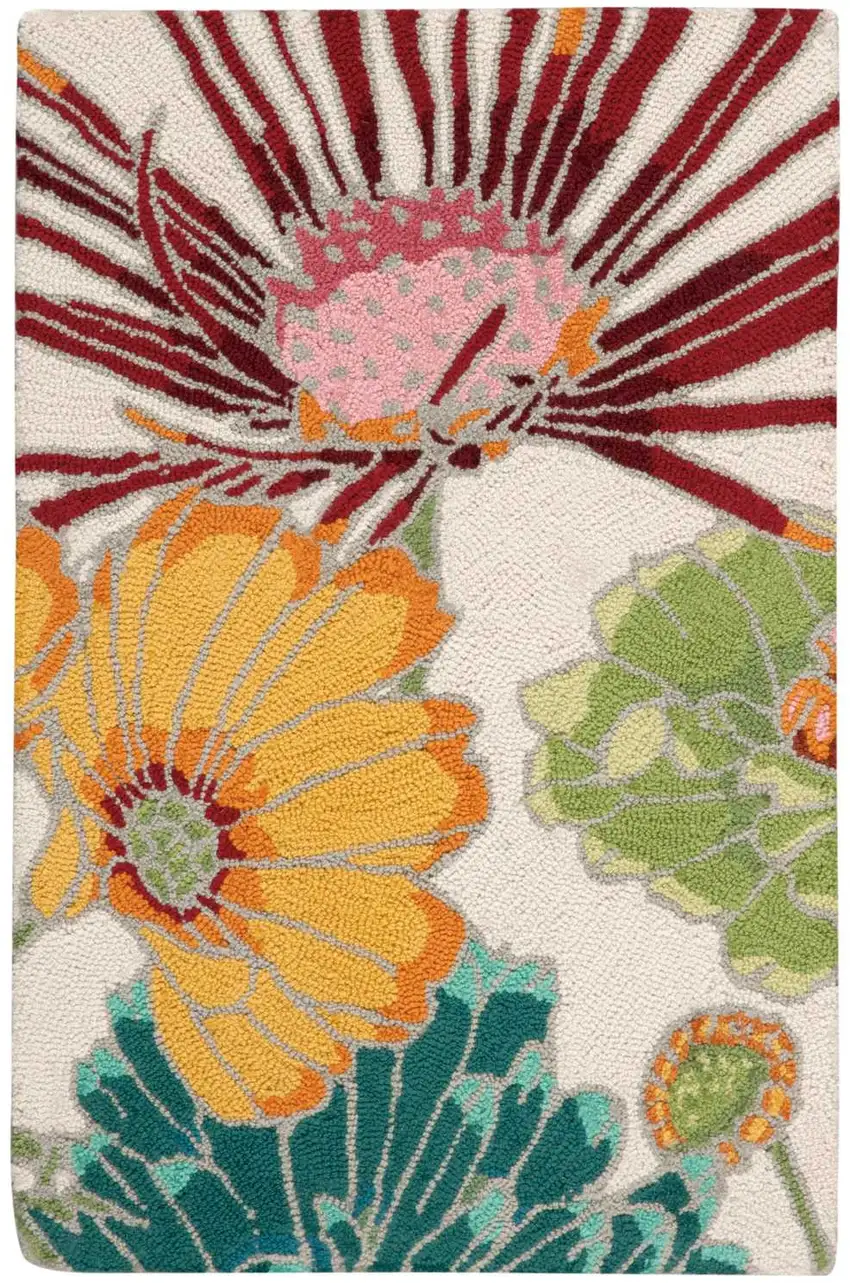 Ivory Red and Yellow Floral Hand Carved Handmade Area Rug Photo 1