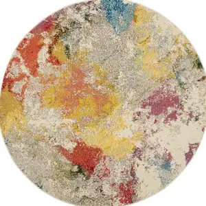 Photo of Ivory Round Abstract Power Loom Non Skid Area Rug