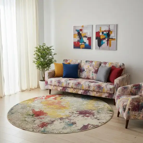 8' X 8' Ivory Round Abstract Power Loom Non Skid Area Rug Photo 1