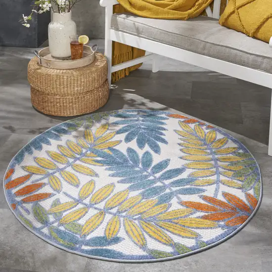 Ivory Round Floral Non Skid Indoor Outdoor Area Rug Photo 8