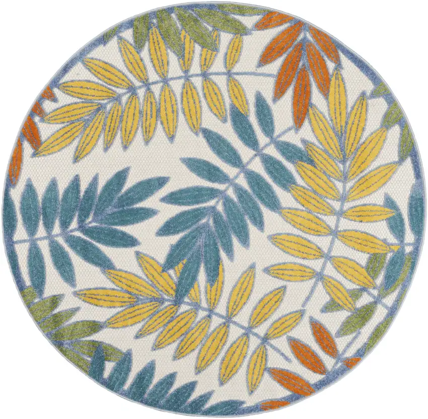 Ivory And Blue Round Indoor Outdoor Area Rug Photo 1