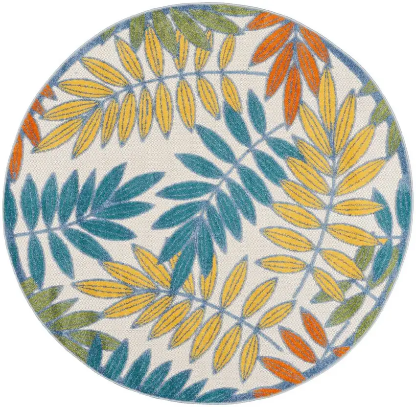 Ivory Round Floral Non Skid Indoor Outdoor Area Rug Photo 1