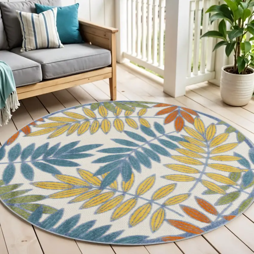 Ivory And Blue Round Indoor Outdoor Area Rug Photo 2