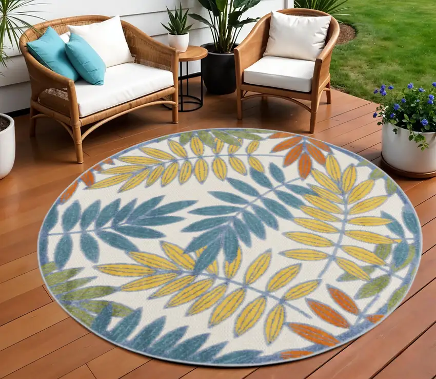 Ivory And Blue Round Indoor Outdoor Area Rug Photo 2